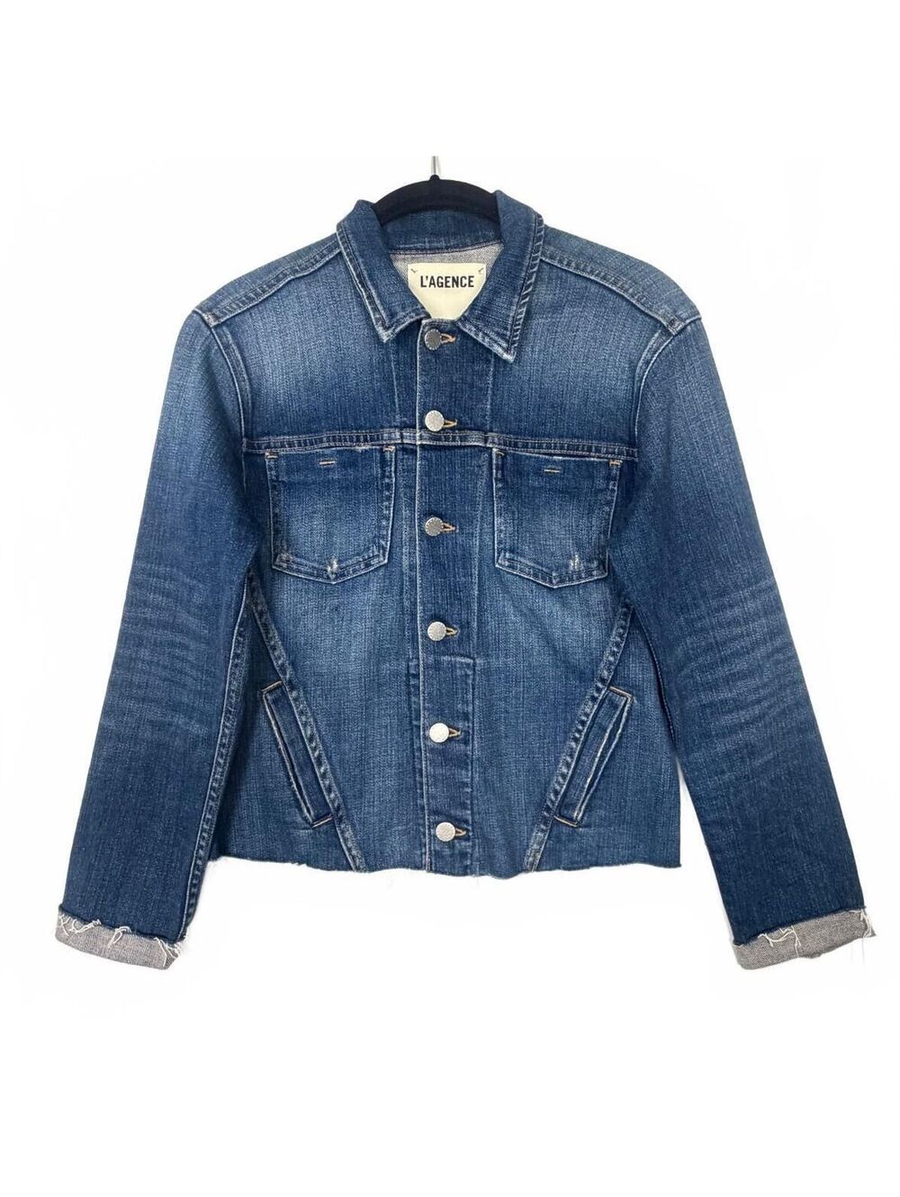 L'AGENCE Janelle Slim Raw Edge Denim Jacket Stretch Med Blue Wash Medium M